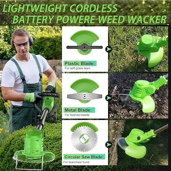 Weed Wacker,21V Electric Cordless Weed Eater 2×4.0Ah Battery-Powered with 3 Types of Blades, Adjustable Cutting Angle & Height, 3-in-1 Stringless Grass Trimmer, Brush Cutter for Lawn Yard Garden