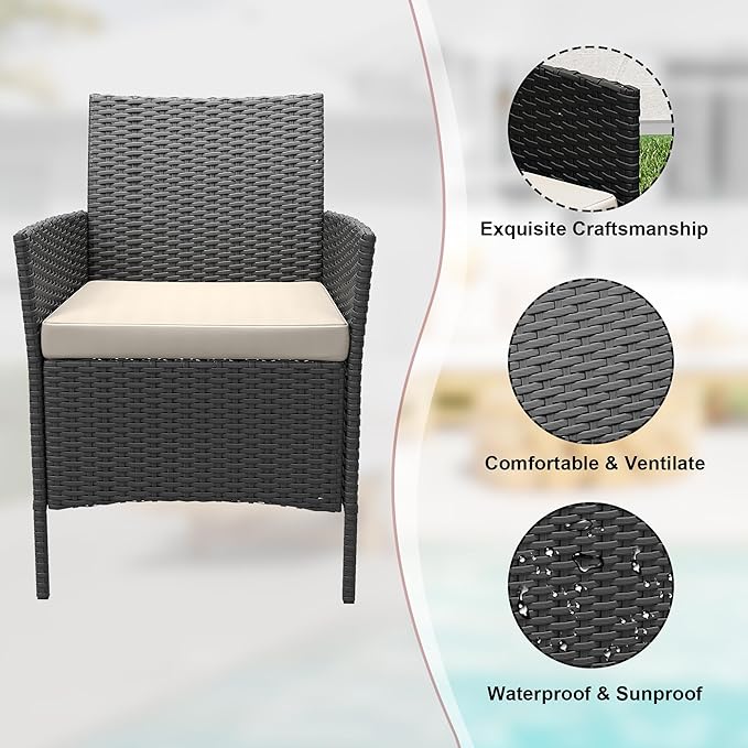 Patio Furniture Set 3 Pieces,Outdoor Patio Conversation Sets, PE Rattan Wicker Furniture Sets with 2 Chairs,Soft Cushion and 1 Coffee Table, Bistro Set of 2 for Backyard Balcony Porch Apartments,Black