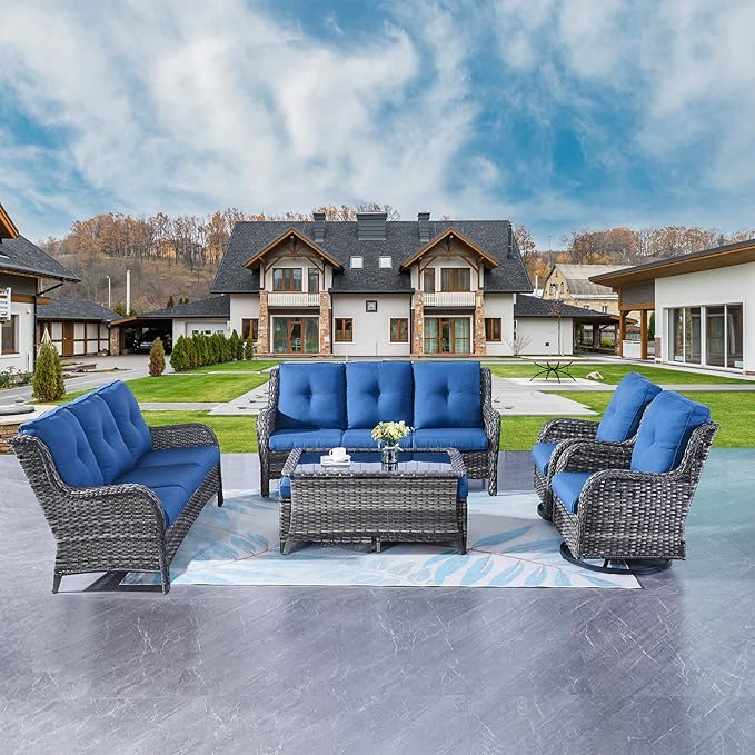 Rilyson Wicker Patio Furniture Set - 7 Piece Rattan Outdoor Sectional Conversation Sets with 2 Rocking Swivel Chairs,2 Ottomans,2 Sofa and 1 Coffee Table for Porch Deck Garden(Mixed Grey/Blue)