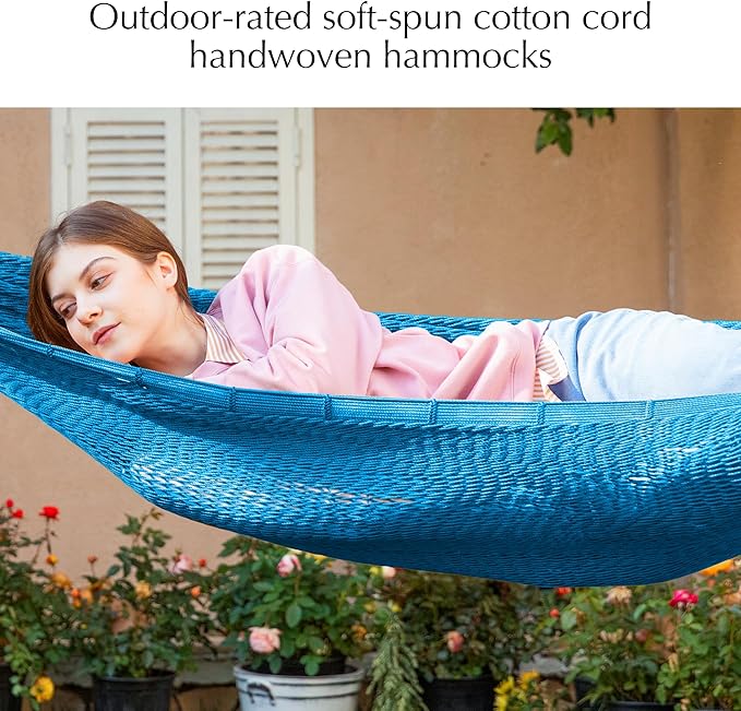 PNAEUT Handwoven Mayan Hammock, Thick Soft Rope Double Hammock for Outdoor Outside & Indoor, 600 lbs Capacity Heavy-Duty, Includes Tree Straps, Carabiners & Carrying Bag (Glacial Lake Blue, X-Large)