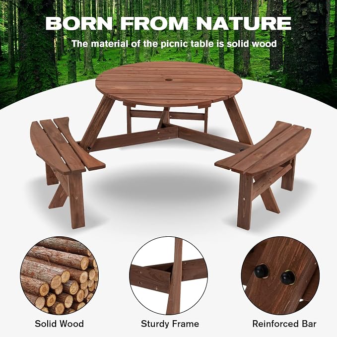 6-Person Circular Outdoor Wooden Picnic Table for Patio, Backyard, Garden, DIY w/ 3 Built-in Benches, 1720lb Capacity - Brown
