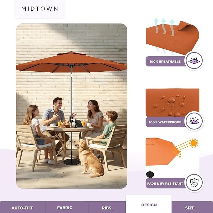 Midtown Umbrellas 10-Year-No-Fade - 8 Ft - UV Proof Dark Orange Polyester Fabric - Umbrella Outdoor Patio, Auto-Tilt Aluminum Frame Patio Umbrella for Garden, Pool & Deck - Black Pole