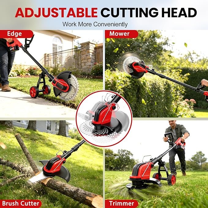 12-Inch Cordless Weed Wacker, 2x3.0Ah 21V Battery Powered Weed Eater with Wheels, 800W Brushless Motor, Electric Lawn Mower with 4 Types Blades, 20000RPM Brush Cutter Grass Trimmer for Garden Yard