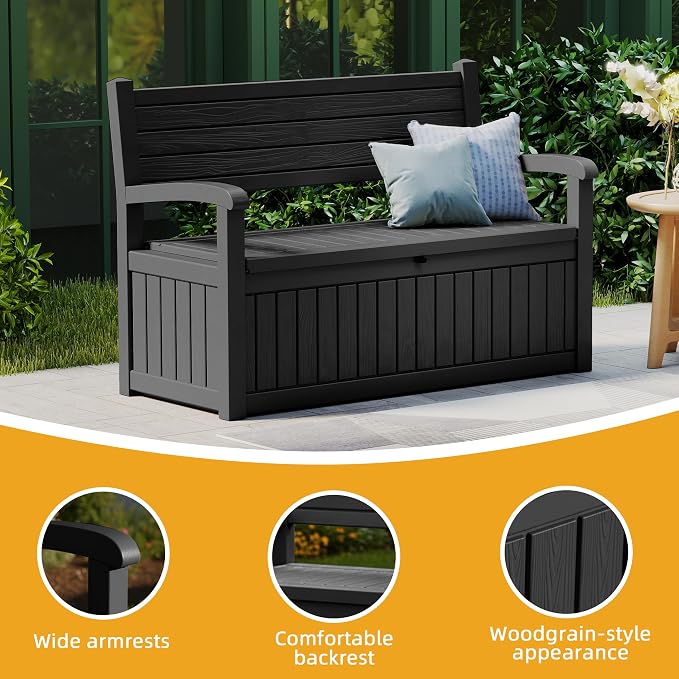 EasyUp 80 Gallon Outdoor Storage Bench Lockable Deck Box Outdoor Storage Box Waterproof for Patio,Garden,and Porch – Perfect for Storing Garden Tools and Cushions(Black Srtipe)