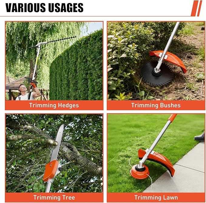 Baotree 52cc 6 in 1 Gas Hedge Trimmer, Weed Eater, String Trimmer, Edger, Pole Saw Chainsaw Pruner with EPA, CE and EMC Certification