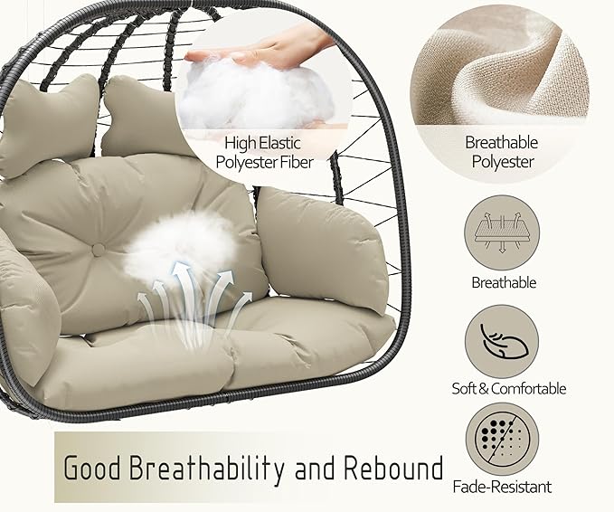 Double Egg Chair wth Stand Hammock Swing Chair Foldable Hanging Loveseat, UV Resistant Removable Cushions, 700LBS Capacity