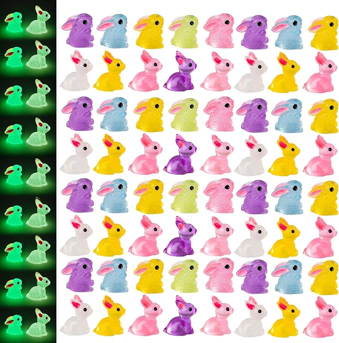 60 pcs Easter Mini Bunnies Luminous Small Rabbit Figures Miniature Little Small Animal Figurines Bulk for Micro Fairy Garden Landscape Accessories Hide Crafts Decor Aquarium