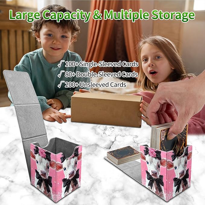 Pink Flower White Cow Card Deck Box for MTG, Personalized Card Storage Case Fits 120+ Sleeved Cards, Premium Leather TCG Box with Strong Magnetic Closure for Magic, PTCG, Baseball Cards