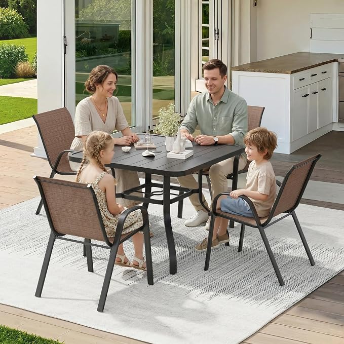 Soohow 5-Piece Outdoor Dining Set, Outdoor Patio Table and Chairs Set, 4 x Stackable Chairs & 1 x Outdoor Table with Umbrella Hole, All-Weather Patio Dining Sets for Poolside, Backyard and Porch