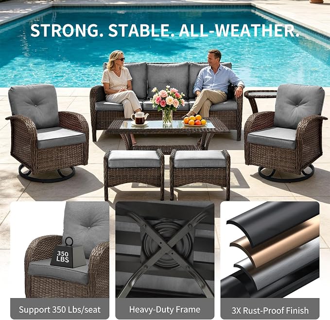 All Weather Patio Furniture Set, High Back Swivel Rocker Glider Chairs，Ottomans & Glass Tables, Outdoor Conversation Set for Deck Porch Yard Poolside (Grey, 7PCS-Sofa&Swivel Chairs&Ottomans&Tables)