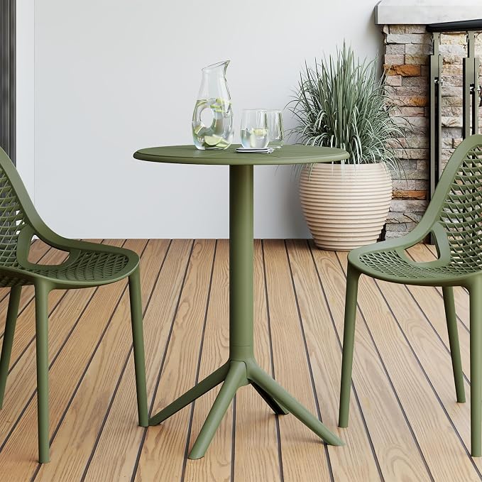 Costaelm Patio Table for 4-Person, Outdoor Patio PP Round Dining Table, All-Weather Bistro Dining Table for Backyard Deck Porch Poolside, Olive Green