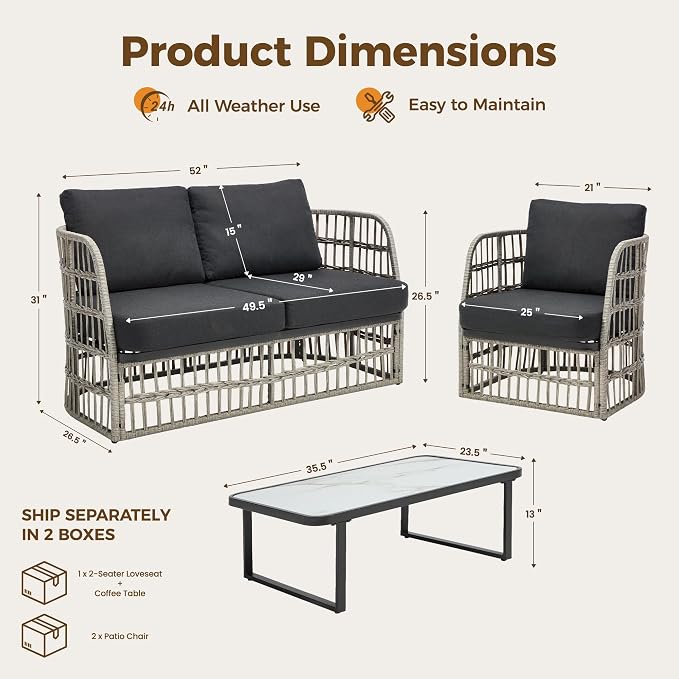 Outdoor Sectional Furniture Set, Patio Wicker Furniture Set, 4 Piece Rattan Patio Conversation Sets, Balcony Loveseat, Outdoor Sofa for Backyard, Garden, Outside, Lawn, Poolside, Grey