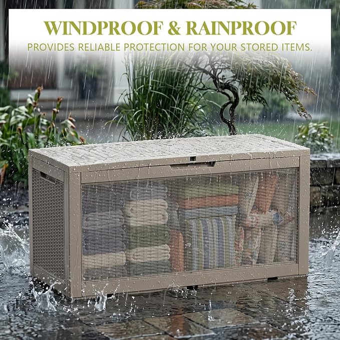 Waterproof Outdoor Storage Box Outside Deck Box Lockable Resin Bench UV Resistant Furniture Cushion Pool Tool Float Bin Patio Garden Porch (Grey, 120 Gallon)