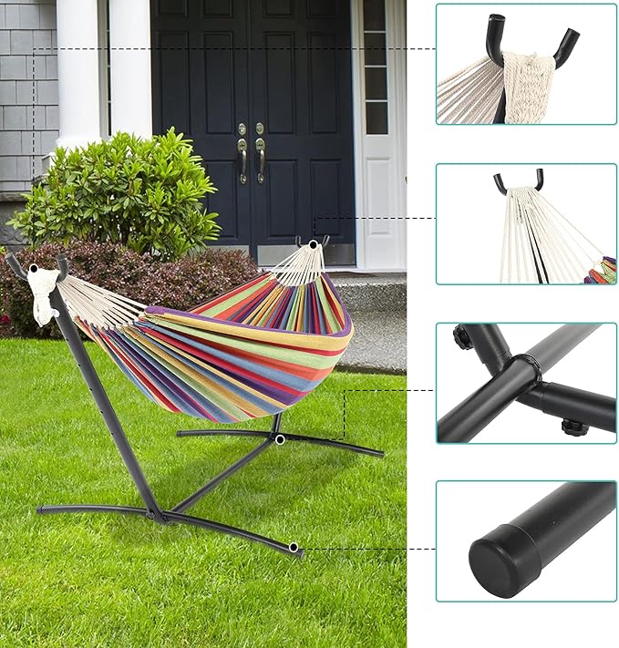 Cotton Hammock with Space Saving Steel Stand,9ft Black Steel Pipe Hammock Frame with 200 * 150cm Polyester Cotton Hammock Iron Hammock Set (Color Stripe)