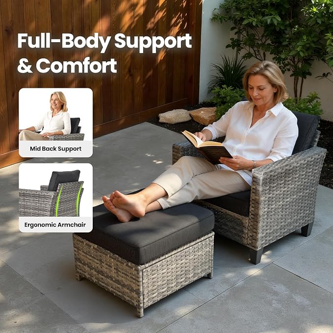 7 Piece Wicker Patio Furniture Set with Firepit Table, Black | Outdoor Deep Seating Sofa Chair Ottoman, Firepit, Solar Lights Table, Modern Conversation Set, Porch Deck Backyard