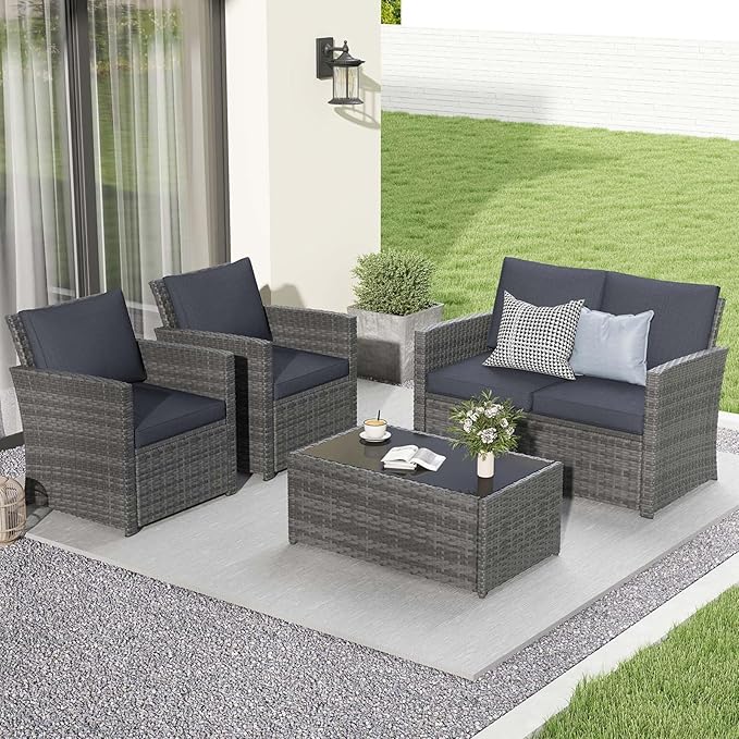 JOIVI 4 Piece Outdoor Patio Furniture Set, All-Weather Wicker Patio Conversation Set, PE Rattan Sofa Set with Loveseat Chair and Tempered Glass Coffee Table, Dark Gray