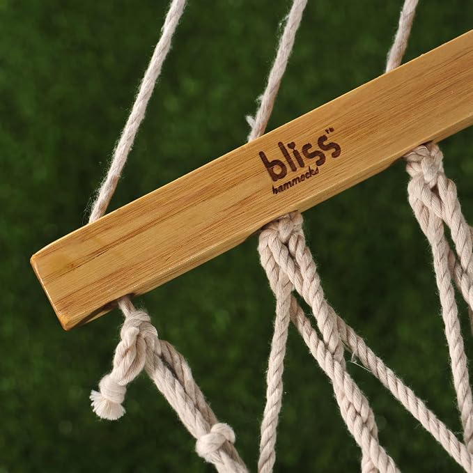 Bliss Hammocks BH-411 60" Wide Polyester Rope Hammock w/Spreader Bars, S Hooks, Chains, Outdoor, Poolside, Patio, Backyard Hammock, Eco Friendly Polyester, 450 Lbs Capacity
