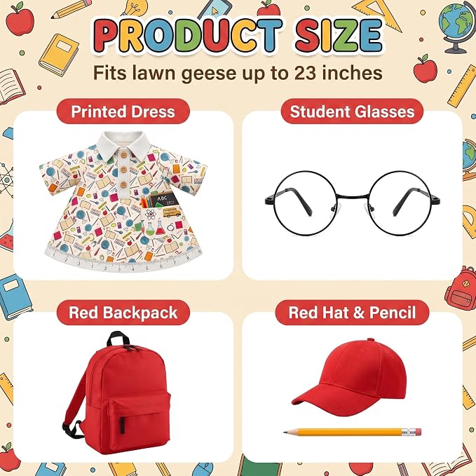 Back to School Porch Goose Outfit, Cute Porch Goose Clothes Costume with Backpack Hat Pencil Accessories, Lawn Goose Decor for Yard Garden Outdoor Porch Decoration