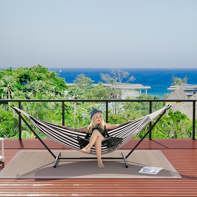Double Hammock with Heavy Duty Space-Saving Steel Stand for 2 Person - Portable, 450lbs Capacity - Indoor Outdoor Use, Includes Carry Bag - Perfect for Garden, Camping, Beach - Black