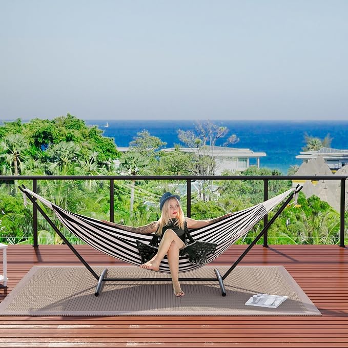 2 Person Double Hammock with Stand Foldable, 450Lbs Capacity, Double Hammocks Portable with Carrying Bag, Thick Rope, Collapsible Heavy-Duty Steel Stand for Indoor & Outdoor, Weatherproof