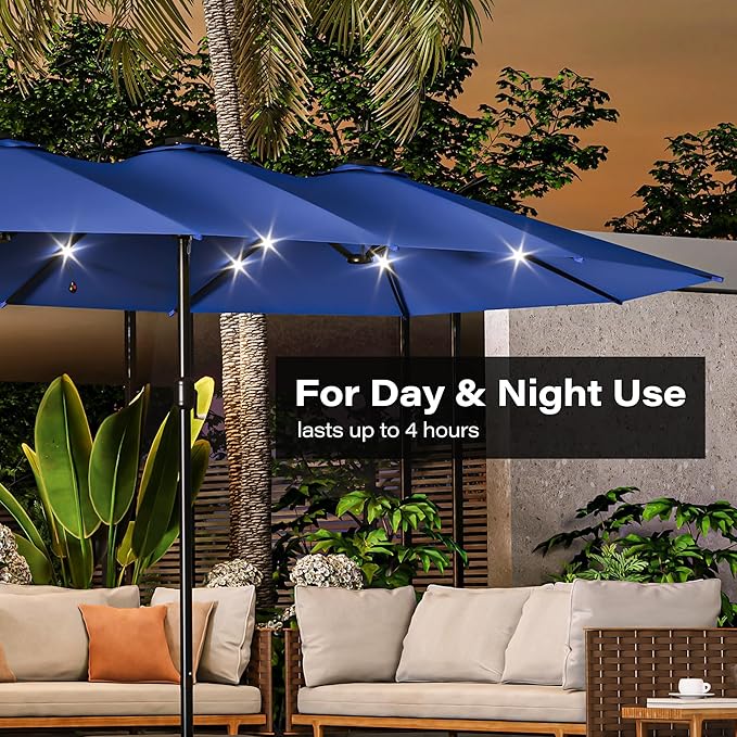 EO Living 13ft Large Patio Umbrella with Solar Lights, Double-Sided Rectangle Outdoor Umbrella with Base Included, 24 LED Lights Table Umbrella for Poolside Deck Market (Navy Blue)