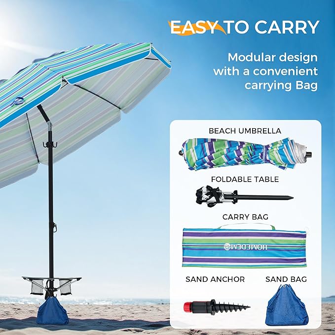 HOMEDEMO 8FT Large Beach Umbrella with Weight Bag & Sand Anchor, Outdoor Umbrellas with Adjustable Aluminum Pole and Table, Heavy Duty Windproof & UPF 50+