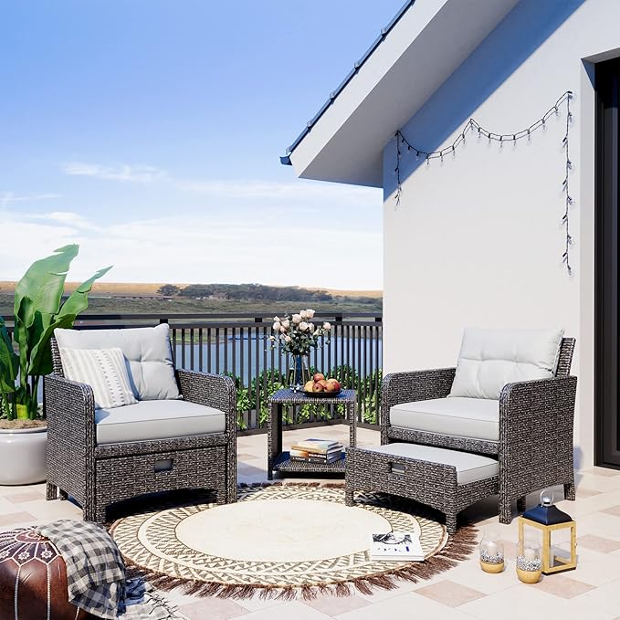 Pamapic 5 Pieces Wicker Patio Furniture Set Outdoor Patio Chairs with Ottomans Conversation Furniture with coffetable for Poolside Garden Balcony(Grey Cushion +Grey Rattan)