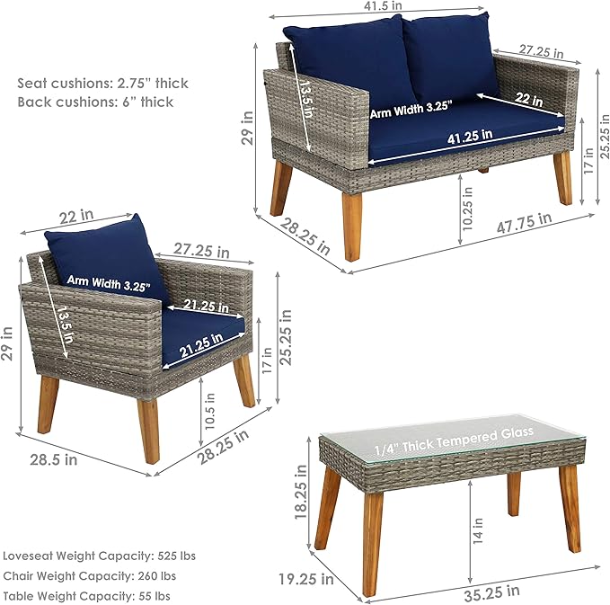 Sunnydaze Clifdon 4-Piece Resin Gray Rattan and Acacia Patio Furniture Set - Thick Navy Blue Back and Seat Cushions