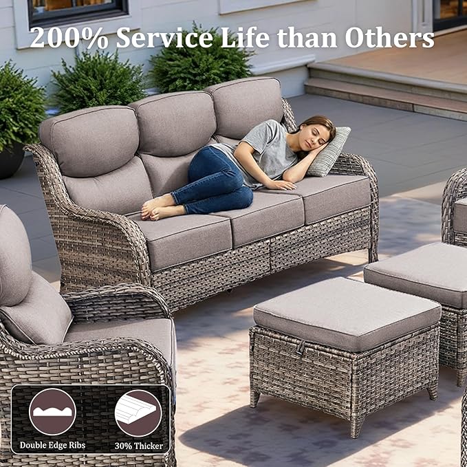 Luxury Patio Furniture Set with 42.5" Fire Pit Table, 6 Pieces High Back All Weather Wicker Outdoor Furniture w/ 6-Inch Thick Cushions, Patio Swivel Chairs Couch for Deck Balcony Backyard Grey