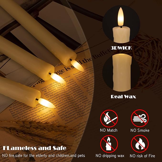 JOIONE Flameless Taper Candles with Remote, 6 Pack Real Wax LED Battery Operated Candle with Flickering Flame, Safe Home Décor for Living Room, Bedroom, and Dining Table, Dripping Wax Ivory