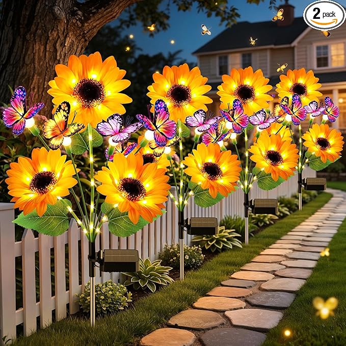 KOOPER Solar Garden Lights Outdoor Decor, Upgraded 2 Pack Solar Sunflower Lights with 8 Butterflies, Solar Flowers Outdoor Waterproof for Yard Lawn Garden Decor, Sunflower Gifts for Mom Women Grandma