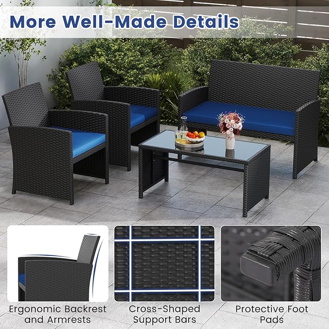 Tangkula 4 Pieces Patio Wicker Furniture Set, Outdoor Heavy Duty Rattan Cushioned Chairs, Loveseat and Tempered Glass Coffee Table, for Backyard, Balcony, Poolside