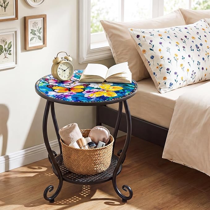 Outdoor Side Table, Small Patio Table Round Metal Outside Coffee End Table for Balcony Bistro Porch Yard Garden Patio Living Room（Butterfly