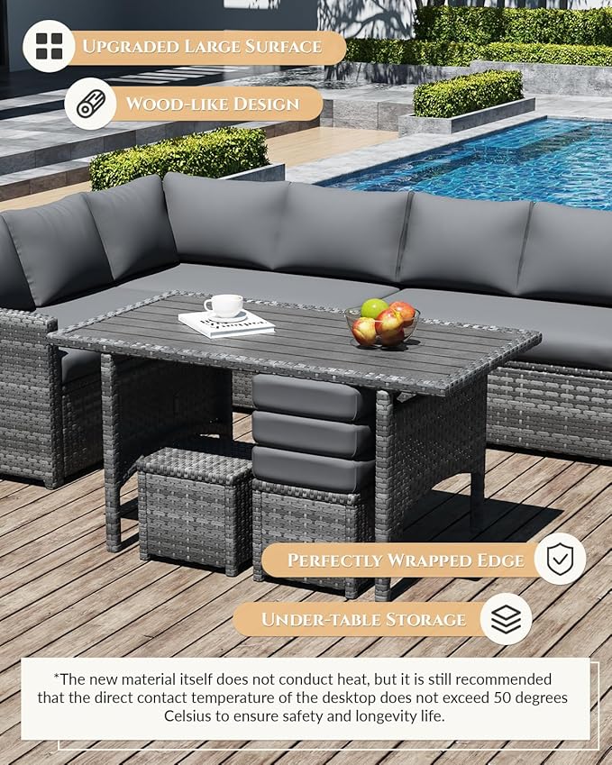 U-MAX 7 Pieces Patio Furniture Set with 43" Fire Pit Table, Outdoor Sectional Sofa Conversation Set, All Weather Wicker Rattan Dining Table & Chair with Ottoman, Grey Rattan&Grey Cushion