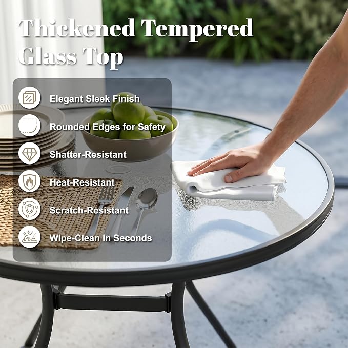 Glass Dining Table, 40" Outdoor Round Patio Table with Steel Base & 1.7" Umbrella Hole, Black Frame