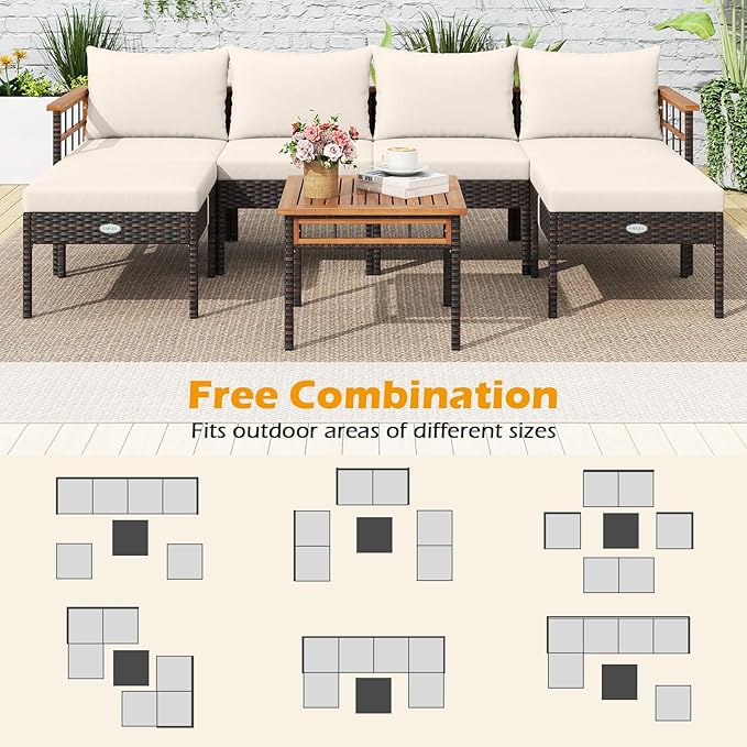 Tangkula 7 Pieces U Shaped Outdoor Wicker Furniture Set, Patio Cushioned Rattan Chairs with Ottomans & Side Table, for Backyard, Porch, Balcony
