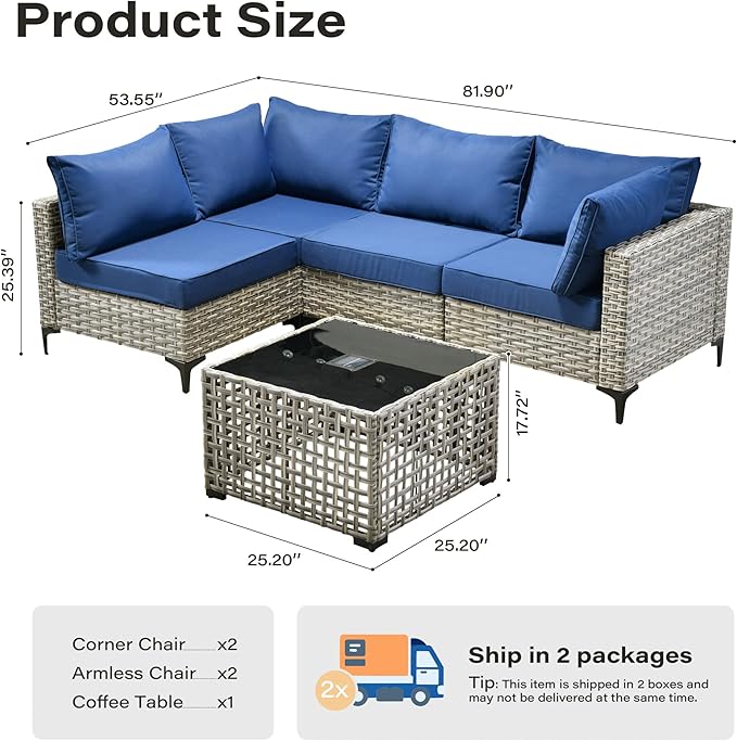 5 Pieces Patio Furniture Set with Solar Light Coffee Table, All-Weather Rattan Outdoor Sectional Conversation Sets L Shaped Sofas for Outside Porch Balcony Backyard Navy Blue