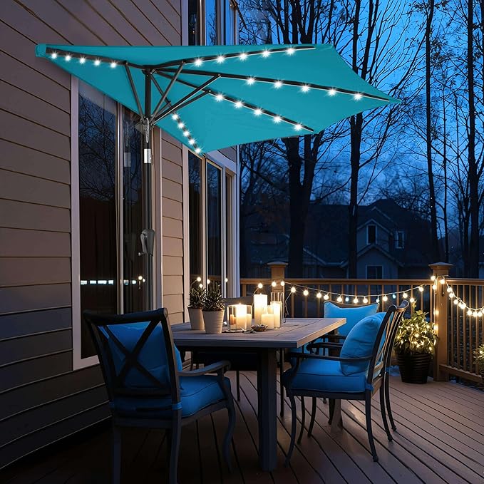 9FT Solar Half Umbrellas Outdoor - LED Half Patio Umbrella with 25 Lights, UV Protection Waterprool, Half Round Umbrella for Wall Balcony, Pool, Porch, Garden, Deck, Backyard, Aqua Blue