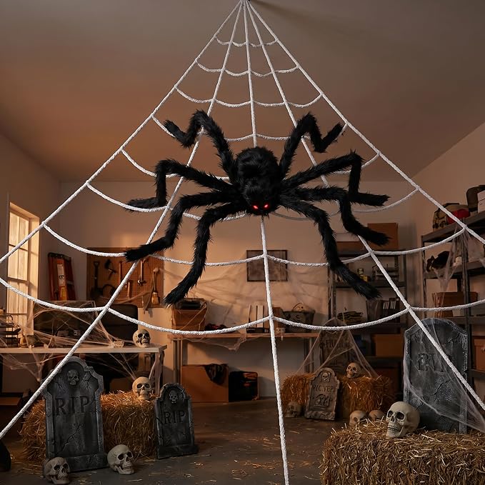Land Guard 236'' Big Spider Web Halloween Decor+70'' Huge Spider for Roof with Triangular Big Web for on House Outside and Inside