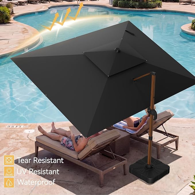 10x13 FT Wood Pattern Patio Umbrella with Base, Large Deluxe Cantilever Rectangular Double Top Heavy Duty Offset Umbrellas with 360° Rotation, Outdoor shade for Garden Pool Patio, Black