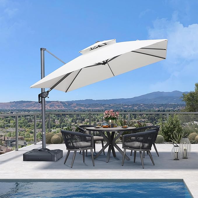PURPLE LEAF Sunbrella Cantilever Umbrella 10FT Heavy Duty Outdoor Large Double Top Offset Hanging 360° Rotation Square Patio Umbrella for Garden Deck Pool Backyard Canvas Natural