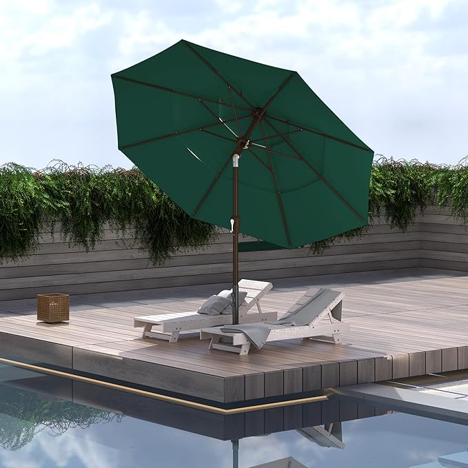 Ayge 9FT 3-Tier Large Outdoor Patio Umbrella Market Table Umbrella-UV Resistant,Easy Push Button Tilt and Crank,8 Sturdy Fiberglass Ribs Heavy-Duty Pool Umbrella for Deck,Backyard,Garden,Yard,Green