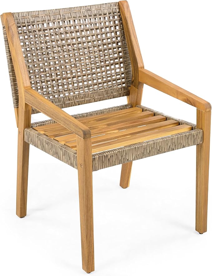 Christopher Knight Home Verle Wooden Patio Dining Set for 4, Acacia Wood Outdoor Dining Table Set for 4, 5 Piece Outdoor Dining Set with Round Table and Armchair with Seat Cushion, Teak+Beige