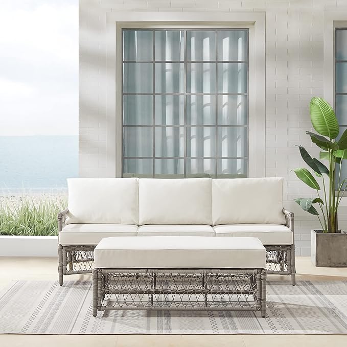 Crosley Furniture Thatcher 2-Piece Outdoor Sofa Patio Furniture Set, Wicker Conversation Sets for Porch, Driftwood with Creme Cushions