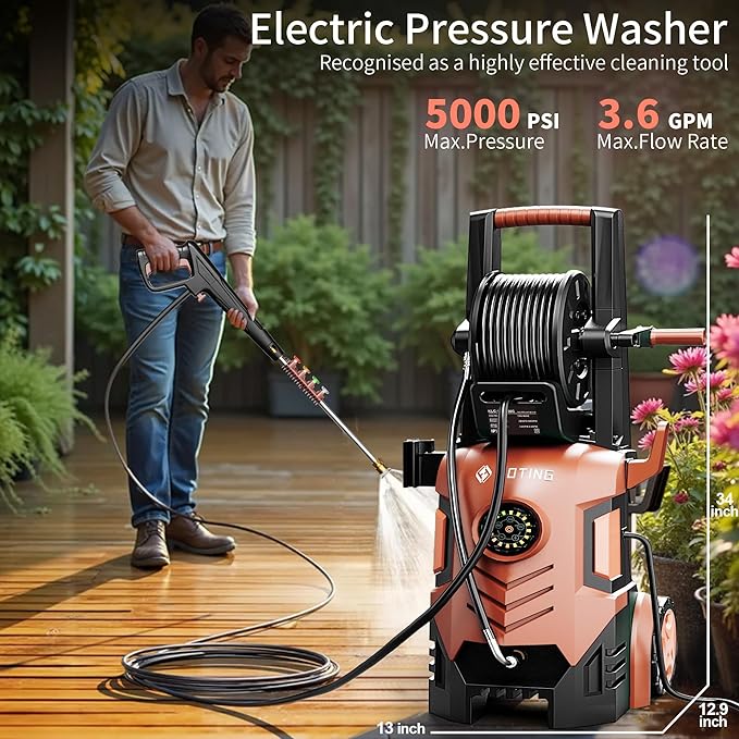 2026Upgraded Pressure Washer 5000PSI with Adj-8-Level Touch Screen, 34" Tall Power Washer, 4 Quick Connect Nozzles, Inlet Hose&Filter&500mlFoam Cannon for Cars/Fences/Driveways/Home Cleaning, Red