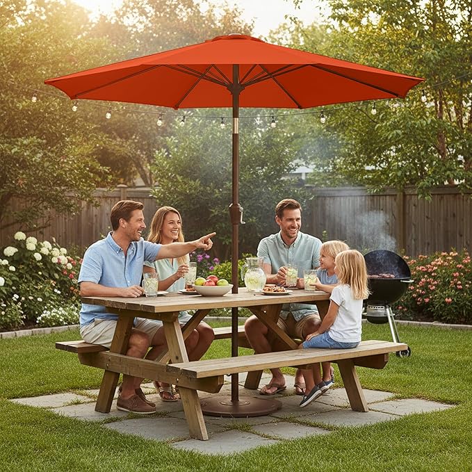 9ft Patio Umbrella with Push Button Tilt and Crank,Outdoor Market Table Umbrella UV Protection 8 Sturdy Ribs for Backyard,Garden,Pool,Deck(Orange)