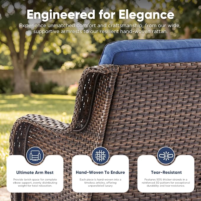 Belord Patio Sofa Luxury PE Wicker 3-Seater Outdoor Couch, Modern All-Weather High Back Deep Seat Woven Furniture Set for Porch, Deck, Balcony, Backyard - Brown/Blue