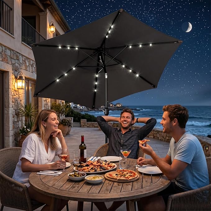 VINGLI 9FT Patio Umbrella with Solar Lights, Outdoor Umbrella with Push Button Tilt and Crank, Umbrella Outdoor Patio for Patio, Deck, Backyard, Pool