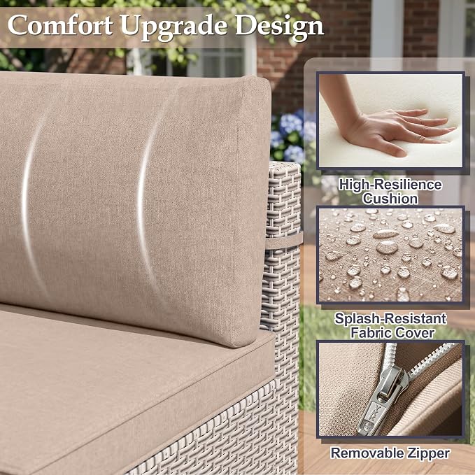 Patio Furniture Set, 8-Piece Outdoor Sectional Sofa with 60,000 BTU Fire Pit Table & 2-Layer Glass Coffee Table, Wicker Patio Conversation Set with Khaki Cushions