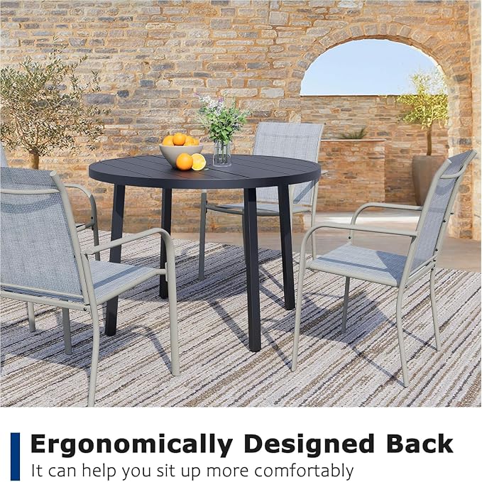 9 Pieces Patio Dining Set for 8, Beige Blue Patio Stackable Chairs and Black Round Table Set of 8, Outdoor Furniture Set with Sling Support for Outside, Garden